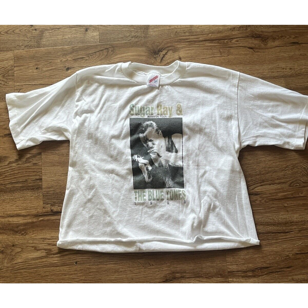 Vintage Single Stitch L Sugar Ray & The Blue Tones Cropped Tee Shirt 1990 White